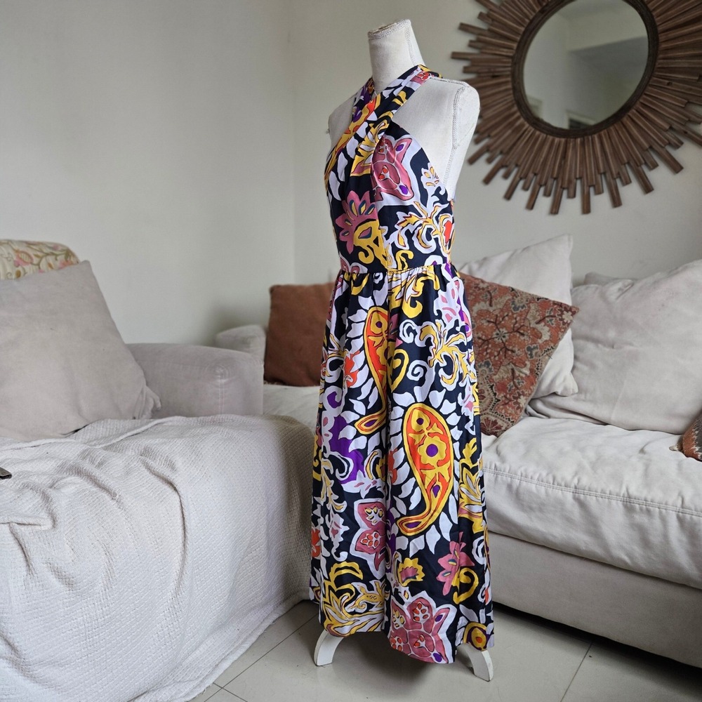 J. Crew Size 2 Paisley Silk Floral Print Luxury Halter Maxi Sarong Party Dress - Picture 3 of 9